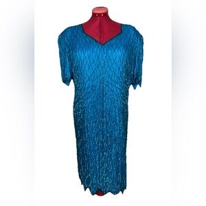 Laurence Kazar Vintage Blue Silk Sequin Dress 1X Short Sleeve Lined